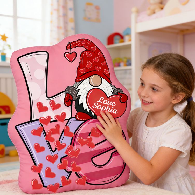 Personalized Romantic Gnome And Heart Custom Name Pillow For Kids Room Decor Graphic 3D Print Pillow Valentine's Day Gift