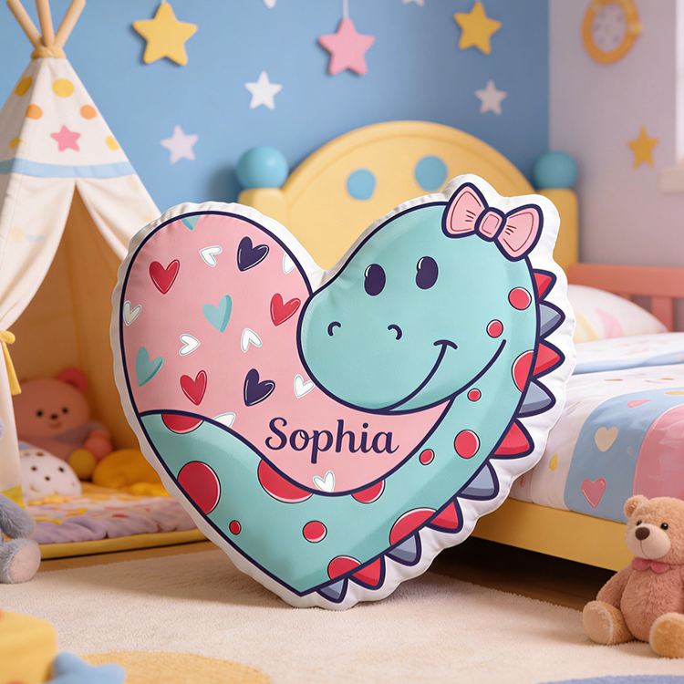 Personalized Adorable Dino And Heart Custom Name Plush Toy For Girls Bedroom Graphic 3D Print Pillow Valentine's Day Gift