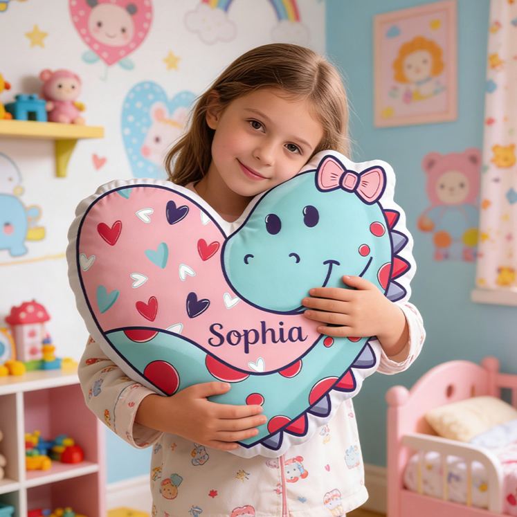 Personalized Adorable Dino And Heart Custom Name Plush Toy For Girls Bedroom Graphic 3D Print Pillow Valentine's Day Gift