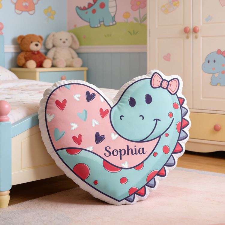 Personalized Adorable Dino And Heart Custom Name Plush Toy For Girls Bedroom Graphic 3D Print Pillow Valentine's Day Gift