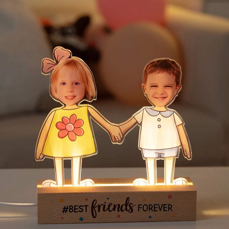 Personalized Kid Photos Best Friends Forever LED Night Light with Wooden Base Home Decor Friendship Birthday Gift for Boys Girls