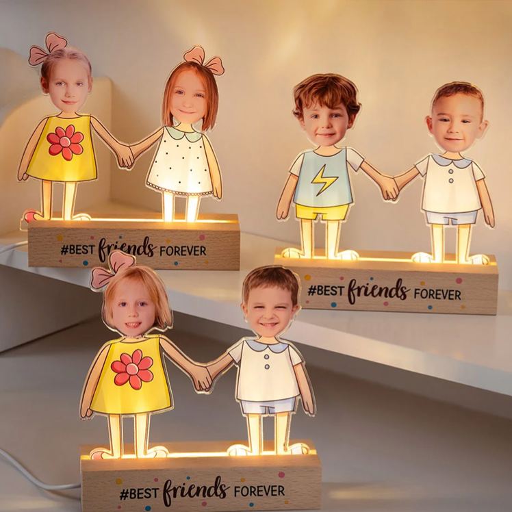 Personalized Kid Photos Best Friends Forever LED Night Light with Wooden Base Home Decor Friendship Birthday Gift for Boys Girls