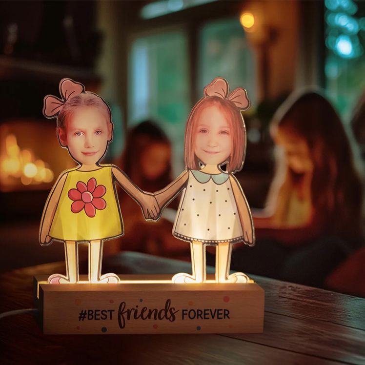 Personalized Kid Photos Best Friends Forever LED Night Light with Wooden Base Home Decor Friendship Birthday Gift for Boys Girls