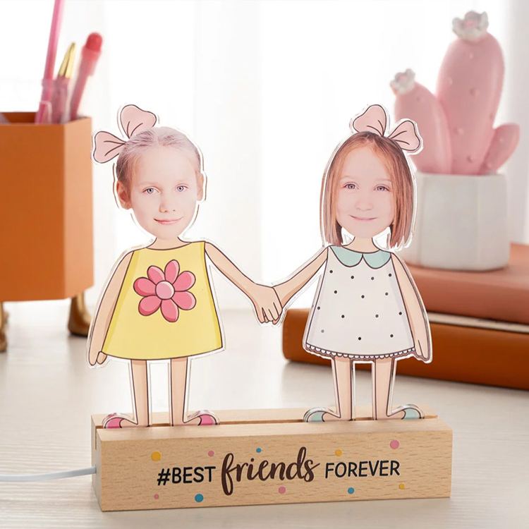 Personalized Kid Photos Best Friends Forever LED Night Light with Wooden Base Home Decor Friendship Birthday Gift for Boys Girls
