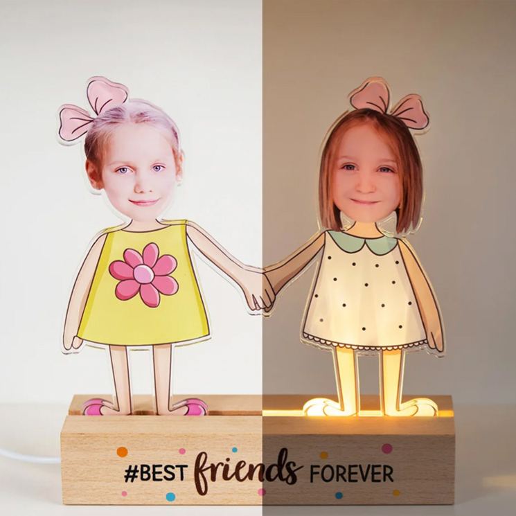 Personalized Kid Photos Best Friends Forever LED Night Light with Wooden Base Home Decor Friendship Birthday Gift for Boys Girls