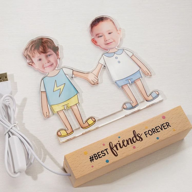 Personalized Kid Photos Best Friends Forever LED Night Light with Wooden Base Home Decor Friendship Birthday Gift for Boys Girls
