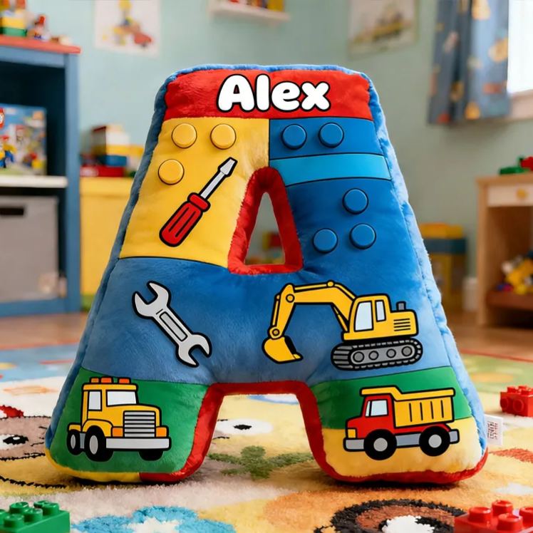 Personalized Colorful Alphabet Pillow With Diggers And Wrenches Design Graphic 3D Print Pillow