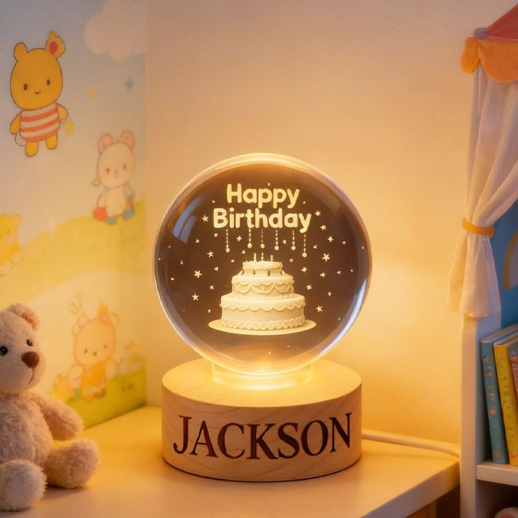 Personalized Happy Birthday Cake Night Light With Warm Glow For Celebration 3D Spherical Crystal Lamp
