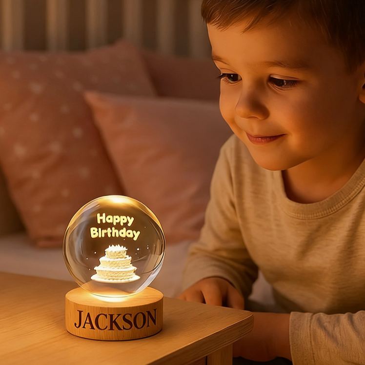 Personalized Happy Birthday Cake Night Light With Warm Glow For Celebration 3D Spherical Crystal Lamp
