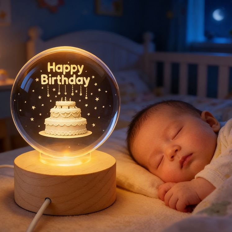 Personalized Happy Birthday Cake Night Light With Warm Glow For Celebration 3D Spherical Crystal Lamp