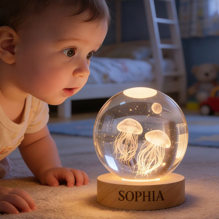 Personalized Glowing Jellyfish Ocean Night Light For Kids Bedroom Decor 3D Spherical Crystal Lamp