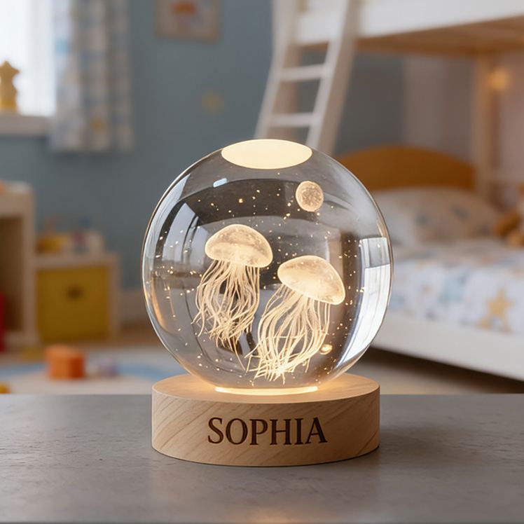 Personalized Glowing Jellyfish Ocean Night Light For Kids Bedroom Decor 3D Spherical Crystal Lamp