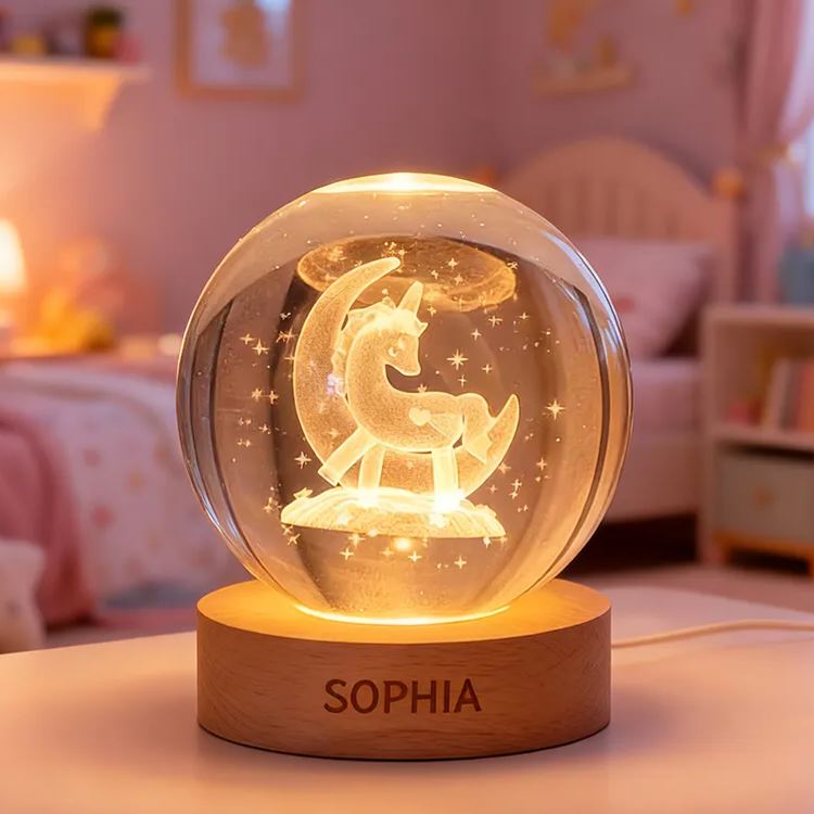 Personalized Moon And Dream Horse Night Light With Soft Glow For Kids Bedroom 3D Spherical Crystal Lamp