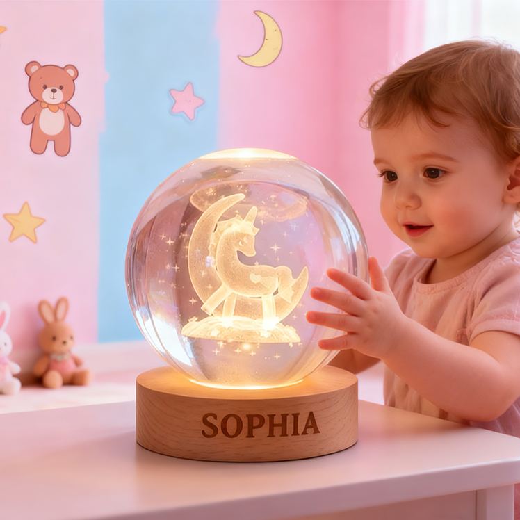 Personalized Moon And Dream Horse Night Light With Soft Glow For Kids Bedroom 3D Spherical Crystal Lamp