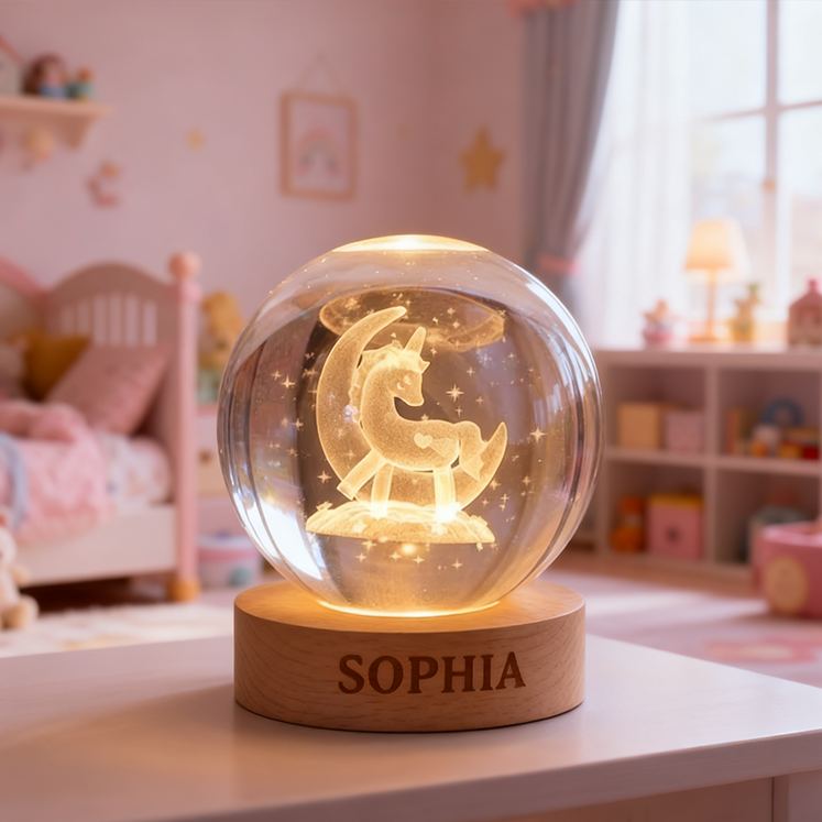 Personalized Moon And Dream Horse Night Light With Soft Glow For Kids Bedroom 3D Spherical Crystal Lamp