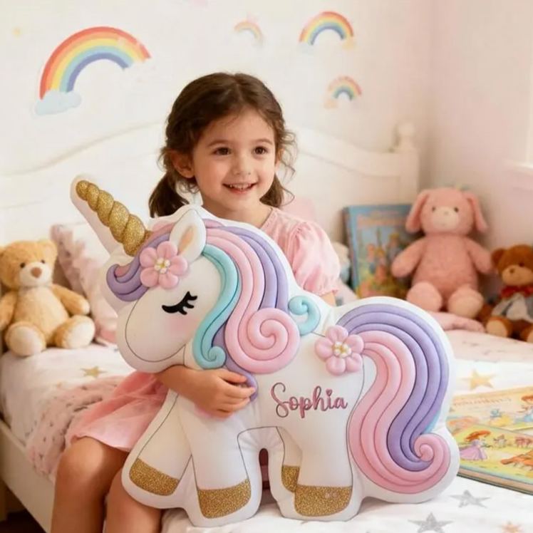 Personalized Cute Dreamy Horse Cushion With Rainbow Mane And Gold Horn For Girls Graphic 3D Print Pillow