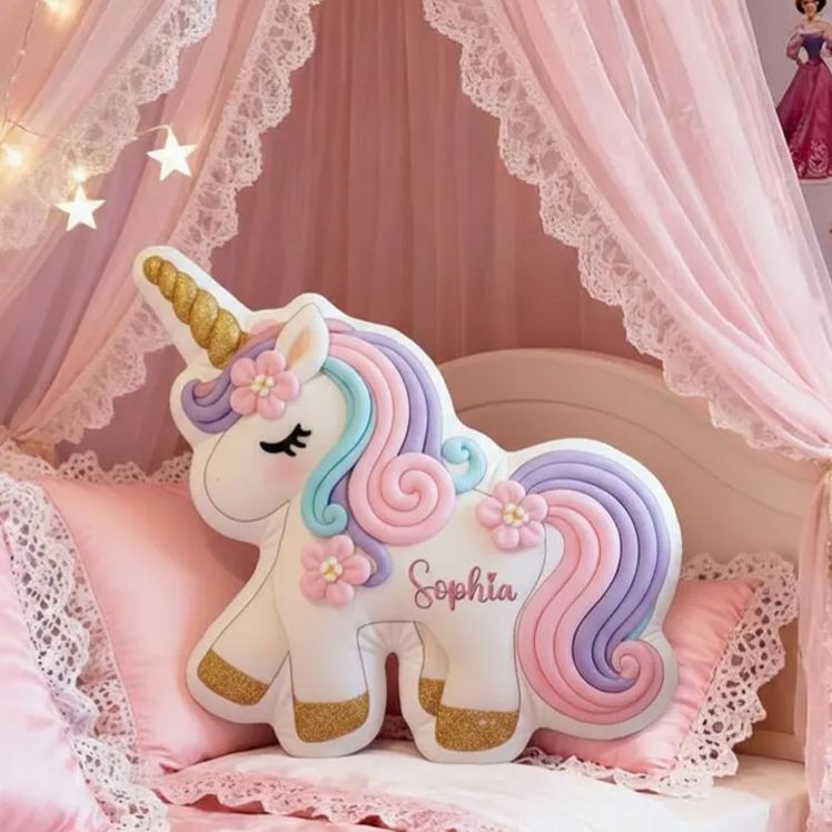 Personalized Cute Dreamy Horse Cushion With Rainbow Mane And Gold Horn For Girls Graphic 3D Print Pillow