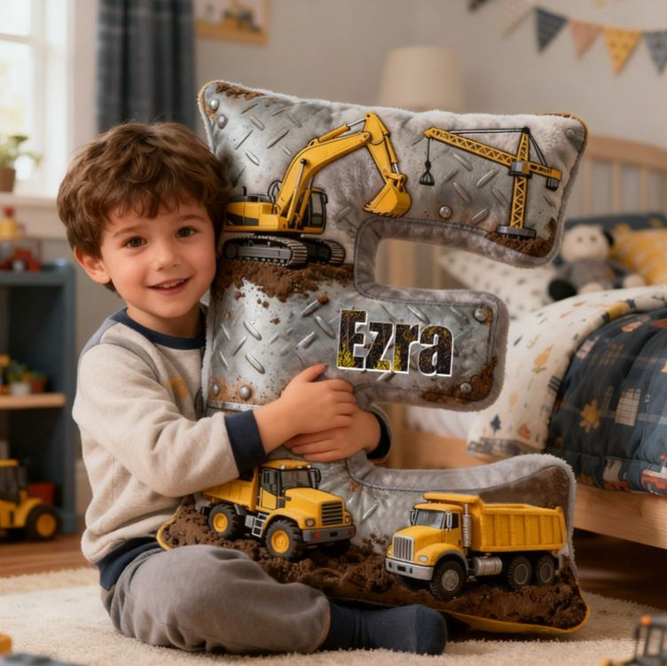 Personalized Construction Letter Cushion With Excavator And Dump Truck Graphic 3D Print Pillow