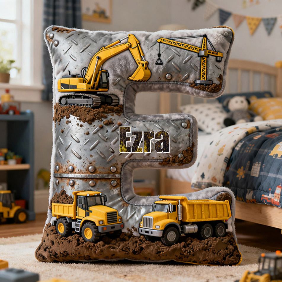 Personalized Construction Letter Cushion With Excavator And Dump Truck Graphic 3D Print Pillow