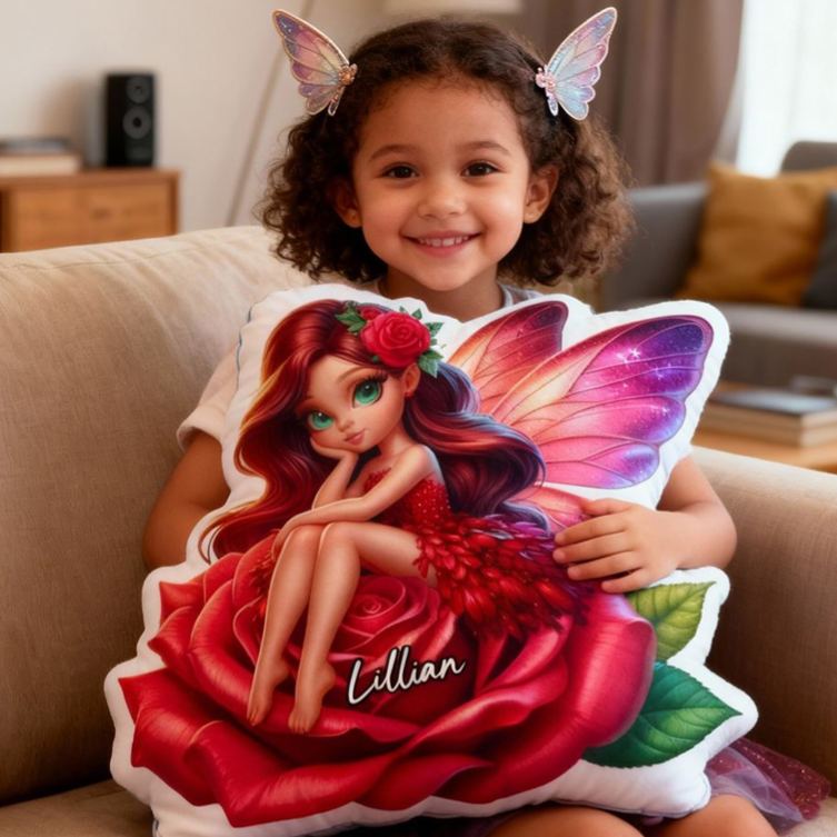 Personalized Beautiful Fairy Cushion Sitting On Red Rose For Girls Room Graphic 3D Print Pillow