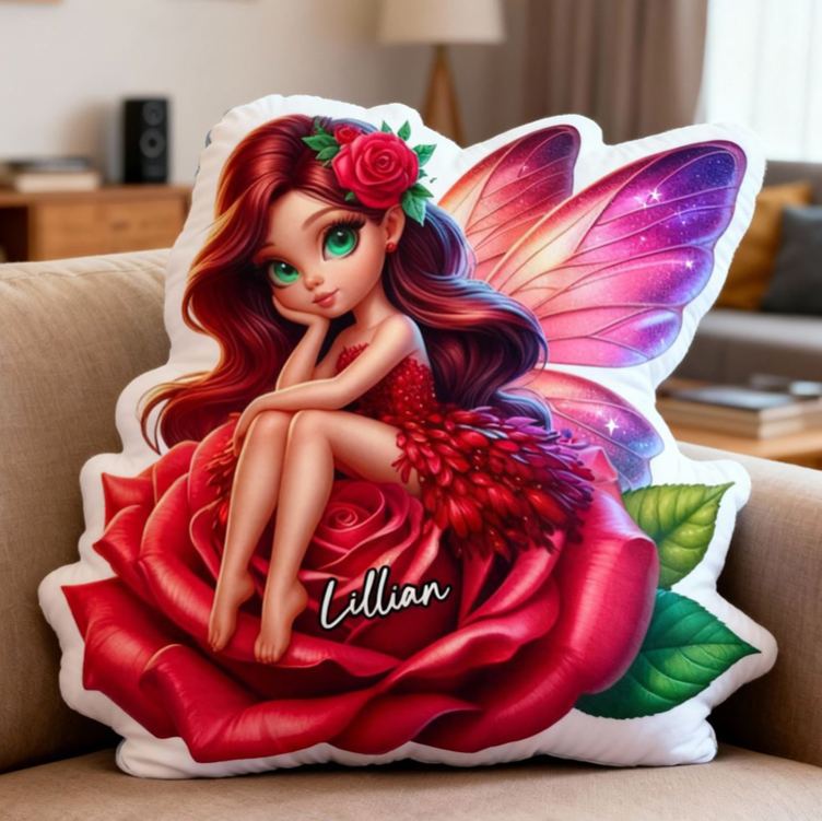Personalized Beautiful Fairy Cushion Sitting On Red Rose For Girls Room Graphic 3D Print Pillow