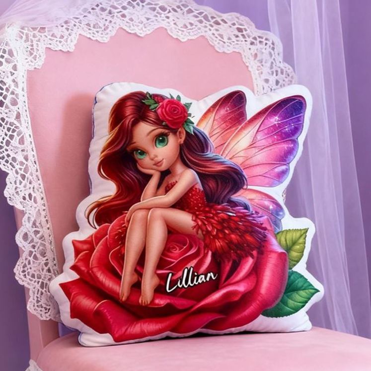 Personalized Beautiful Fairy Cushion Sitting On Red Rose For Girls Room Graphic 3D Print Pillow
