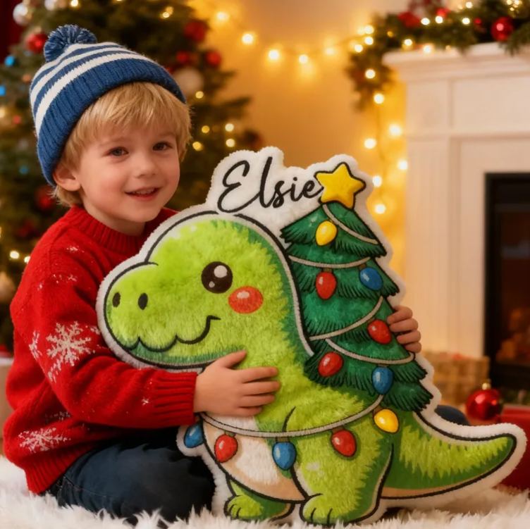 Personalized Christmas Dinosaur Cushion With Tree Lights Holiday Decor Graphic 3D Print Pillow
