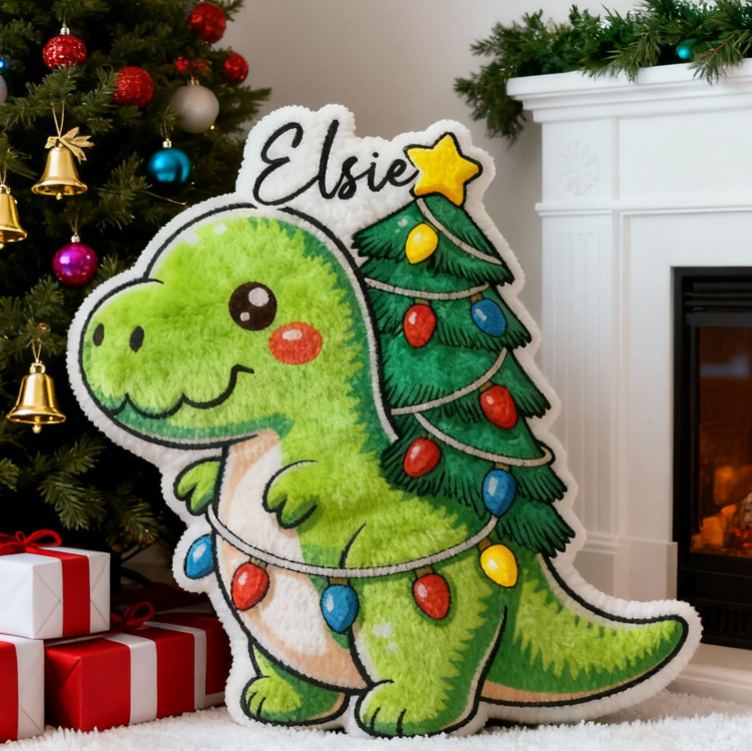 Personalized Christmas Dinosaur Cushion With Tree Lights Holiday Decor Graphic 3D Print Pillow