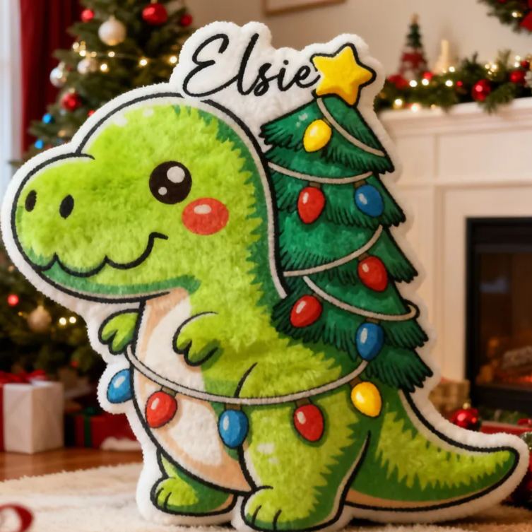Personalized Christmas Dinosaur Cushion With Tree Lights Holiday Decor Graphic 3D Print Pillow