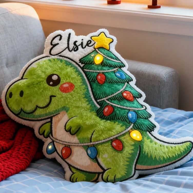Personalized Christmas Dinosaur Cushion With Tree Lights Holiday Decor Graphic 3D Print Pillow