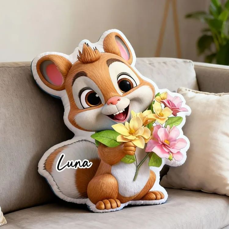 Personalized Cute Chipmunk Cushion Holding Flowers For Girls Bedroom Graphic 3D Print Pillow