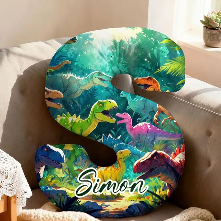 Personalized Dinosaur Letter Cushion With Jungle Background For Kids Room Graphic 3D Print Pillow