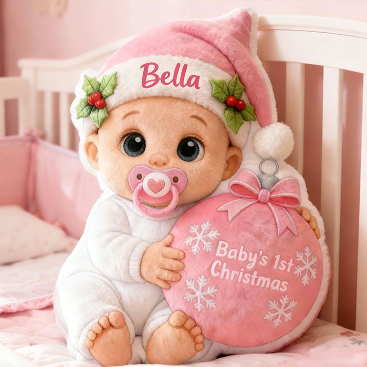 Personalized Baby Girl Baby Boy First Christmas Cushion With Pink Hat And Ornament Graphic 3D Print Pillow