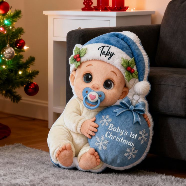 Personalized Baby Girl Baby Boy First Christmas Cushion With Pink Hat And Ornament Graphic 3D Print Pillow