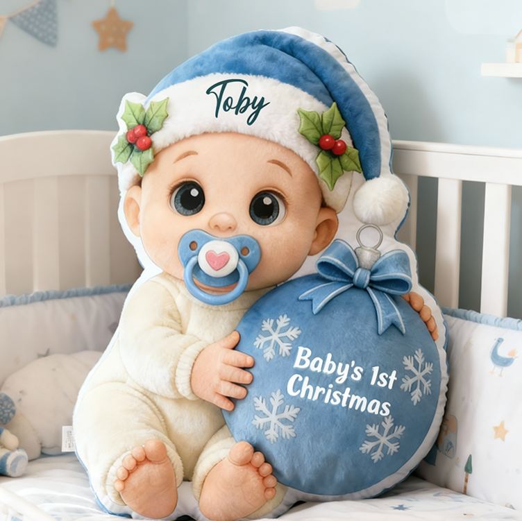 Personalized Baby Girl Baby Boy First Christmas Cushion With Pink Hat And Ornament Graphic 3D Print Pillow