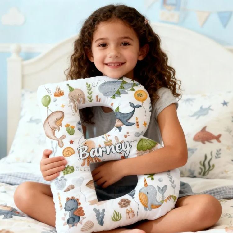 Personalized Ocean Letter Cushion With Whales Turtles And Sea Creatures Graphic 3D Print Pillow