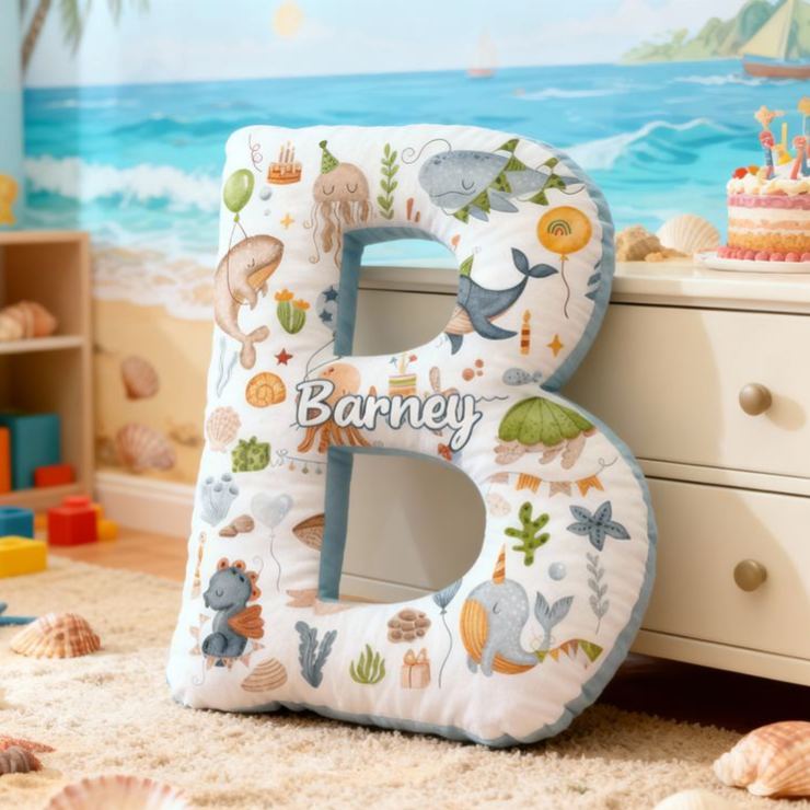 Personalized Ocean Letter Cushion With Whales Turtles And Sea Creatures Graphic 3D Print Pillow