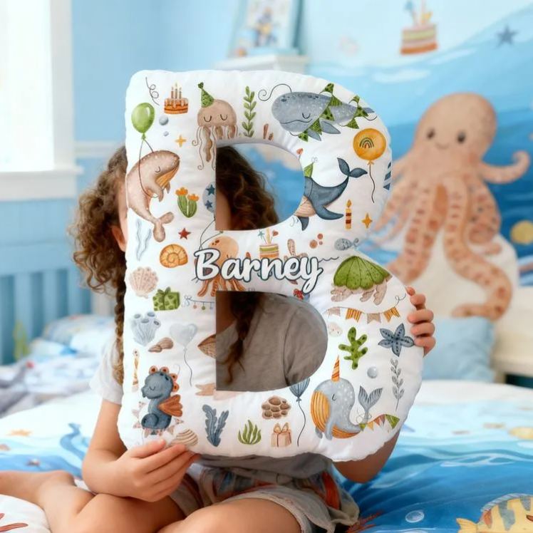 Personalized Ocean Letter Cushion With Whales Turtles And Sea Creatures Graphic 3D Print Pillow