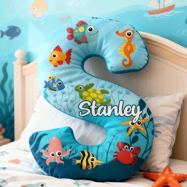 Personalized Ocean Letter Cushion With Colorful Fish And Sea Animals Graphic 3D Print Pillow