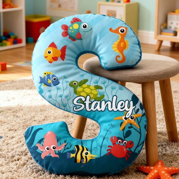 Personalized Ocean Letter Cushion With Colorful Fish And Sea Animals Graphic 3D Print Pillow