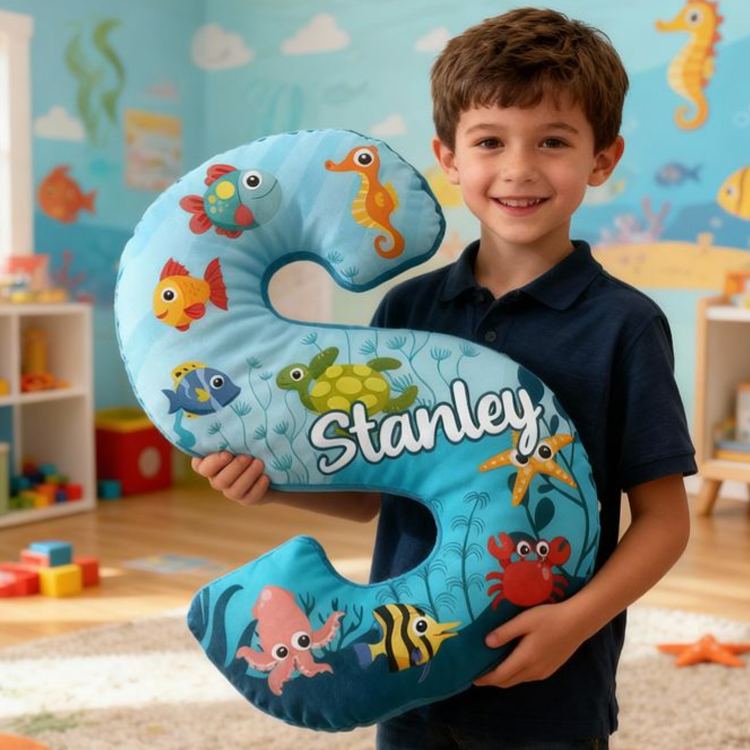Personalized Ocean Letter Cushion With Colorful Fish And Sea Animals Graphic 3D Print Pillow