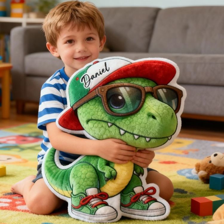 Personalized Green T Rex Wearing Red Sneakers And Hat For Boys Bedroom Graphic 3D Print Pillow