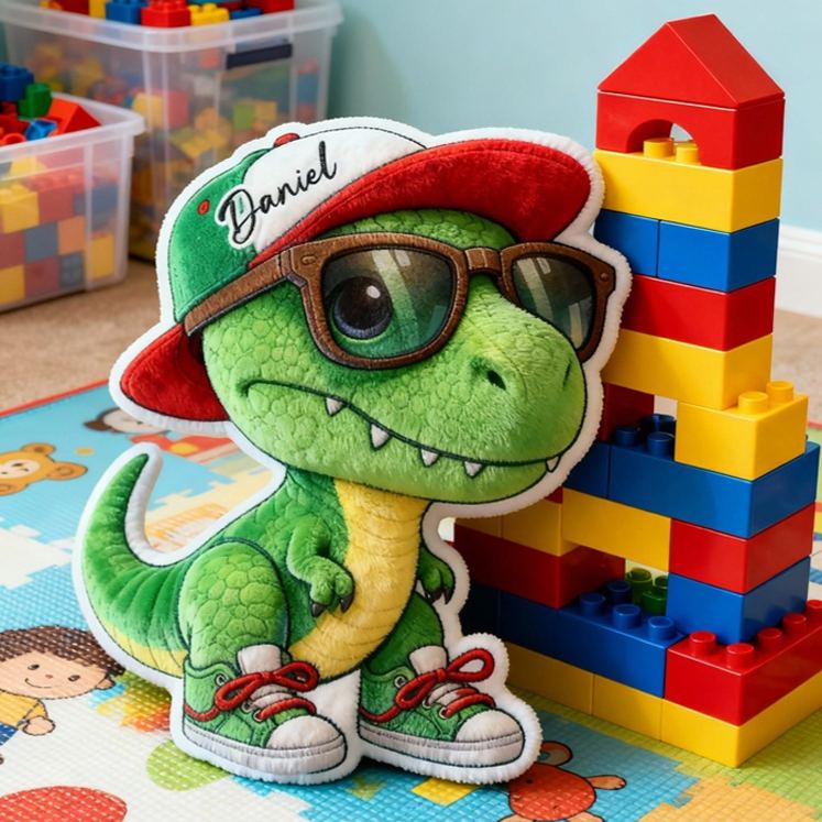 Personalized Green T Rex Wearing Red Sneakers And Hat For Boys Bedroom Graphic 3D Print Pillow