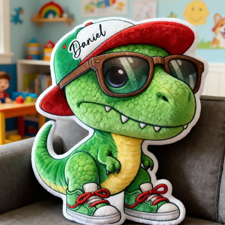 Personalized Green T Rex Wearing Red Sneakers And Hat For Boys Bedroom Graphic 3D Print Pillow
