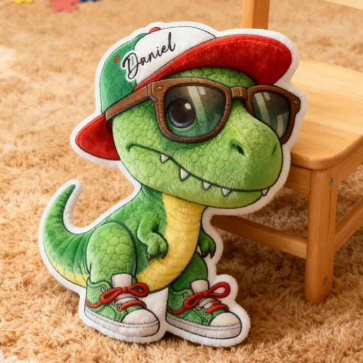 Personalized Green T Rex Wearing Red Sneakers And Hat For Boys Bedroom Graphic 3D Print Pillow