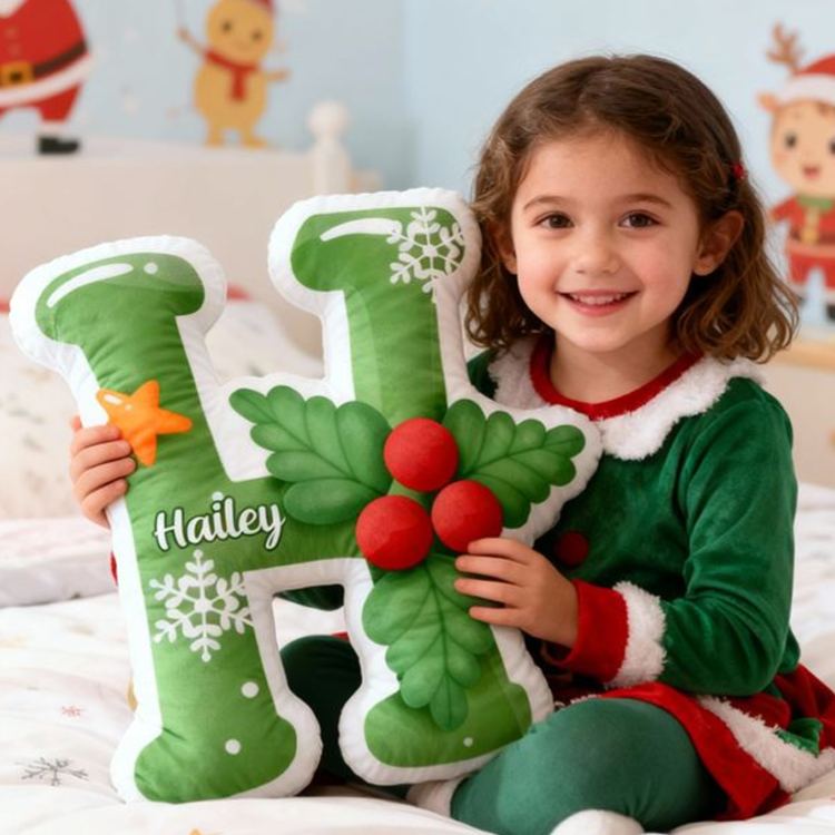 Personalized Merry Christmas Themed Green Initial Pillow For Kids Bedroom Graphic 3D Print Pillow