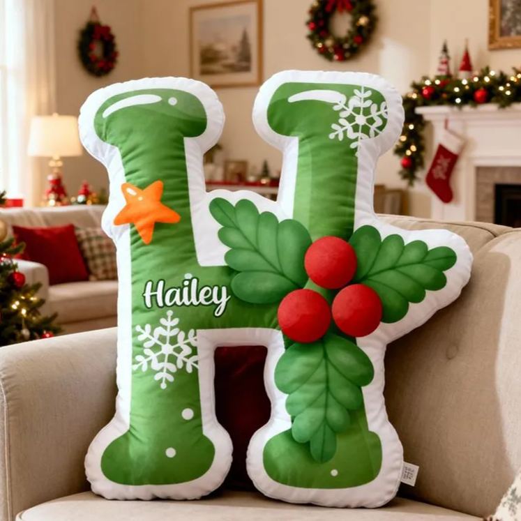 Personalized Merry Christmas Themed Green Initial Pillow For Kids Bedroom Graphic 3D Print Pillow