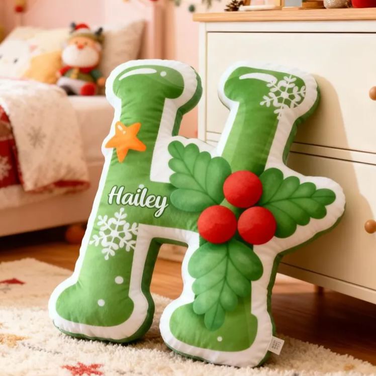 Personalized Merry Christmas Themed Green Initial Pillow For Kids Bedroom Graphic 3D Print Pillow