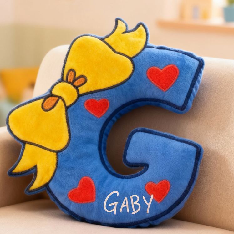 Personalized Letter Name Custom Soft Decorative Gift Blue Yellow Bow Style Cute Heart Cozy Fun Playful Lovely Kids Room Sweet Adorable Plush Decor Graphic 3D Print Pillow