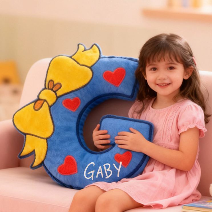 Personalized Letter Name Custom Soft Decorative Gift Blue Yellow Bow Style Cute Heart Cozy Fun Playful Lovely Kids Room Sweet Adorable Plush Decor Graphic 3D Print Pillow